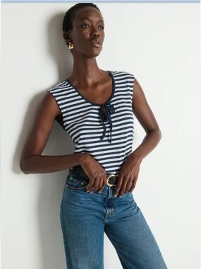 Nation LTD Kacy Tank Navy City Stripe Pima Cotton Keyhole Tie Top M NWT